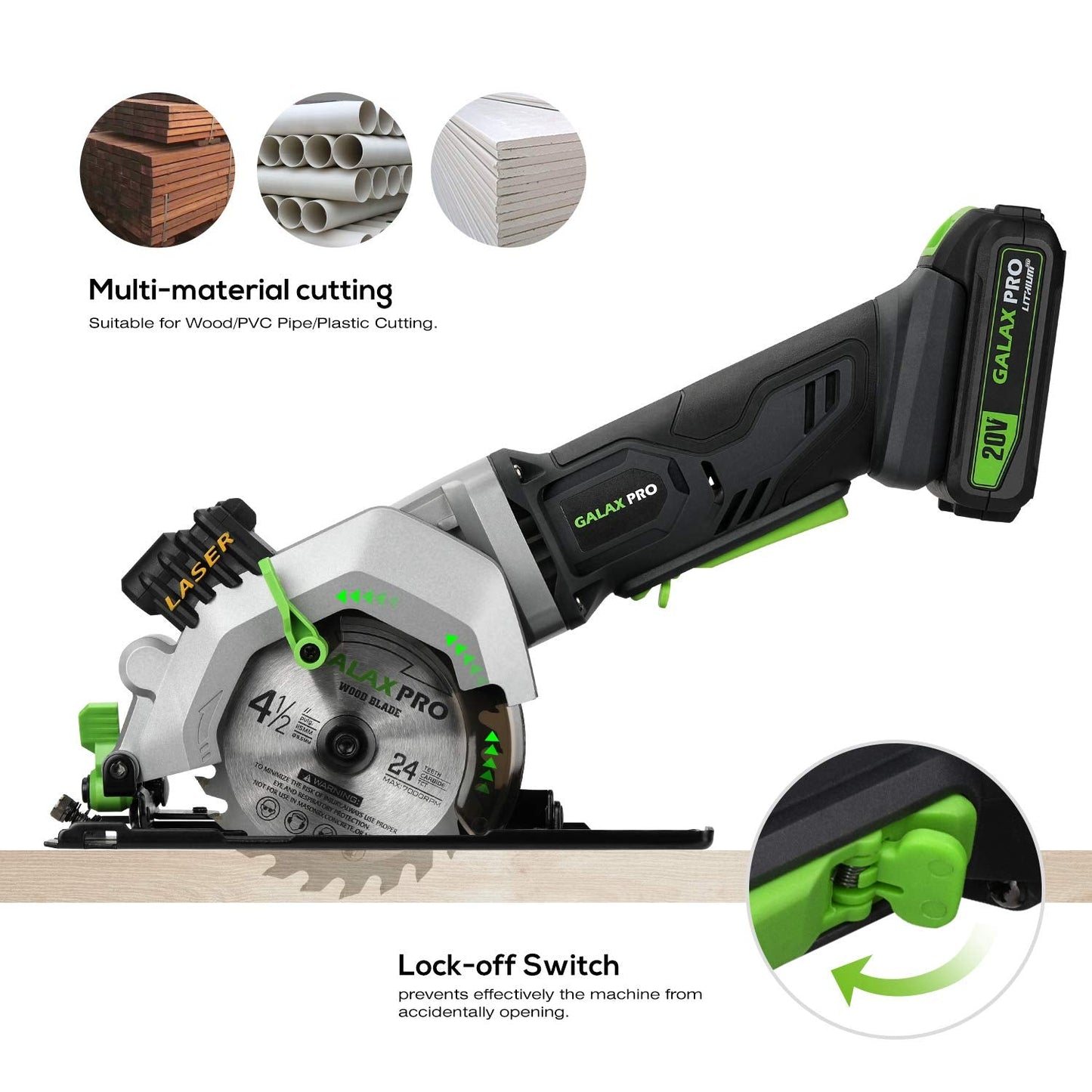 GALAX PRO Mini Circular Saw, DC20V 4-1/2" Cordless Circular Saw with 2.0Ah battery, Laser Guide, Rip Guide, 2 Pcs Blades(24T+ 60T), 3400RPM, Max Cutting Depth 1-11/16"(90°), 1-1/8"(45°)