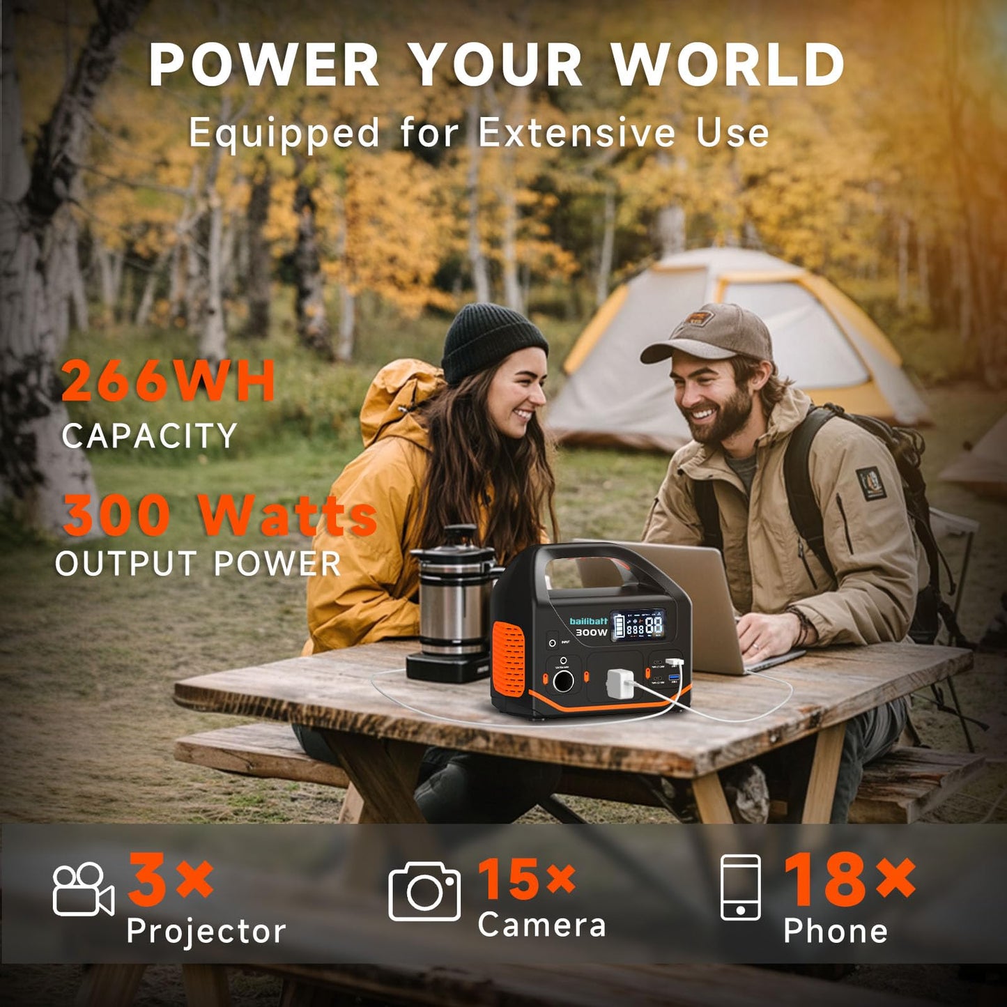 BailiBatt 300W Portable Power Station, 266Wh Solar Generator with 7 Outputs & Dual USB-C PD (24W+18W), 110V Pure Sine Wave AC, 6.5lb Lightweight Battery Backup for Camping, CPAP RV Home Blackout