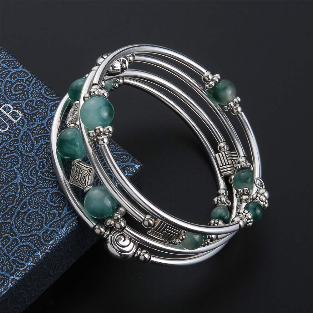 Beaded Pearl Bangle Wrap Bracelet - Fashion Bohemian Jewelry Multilayer Charm Bracelet with Thick Silver Metal Beads, Gift For Women(Jade Green)