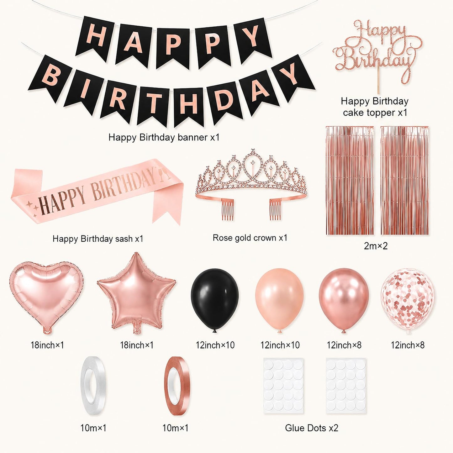 Black Rose Gold Birthday Decorations for Women Girls,Rose Gold Latex Balloons with Happy Birthday Banner,Fringe Curtain,Cake Topper,Sash and Crown for Birthday Party Supplies