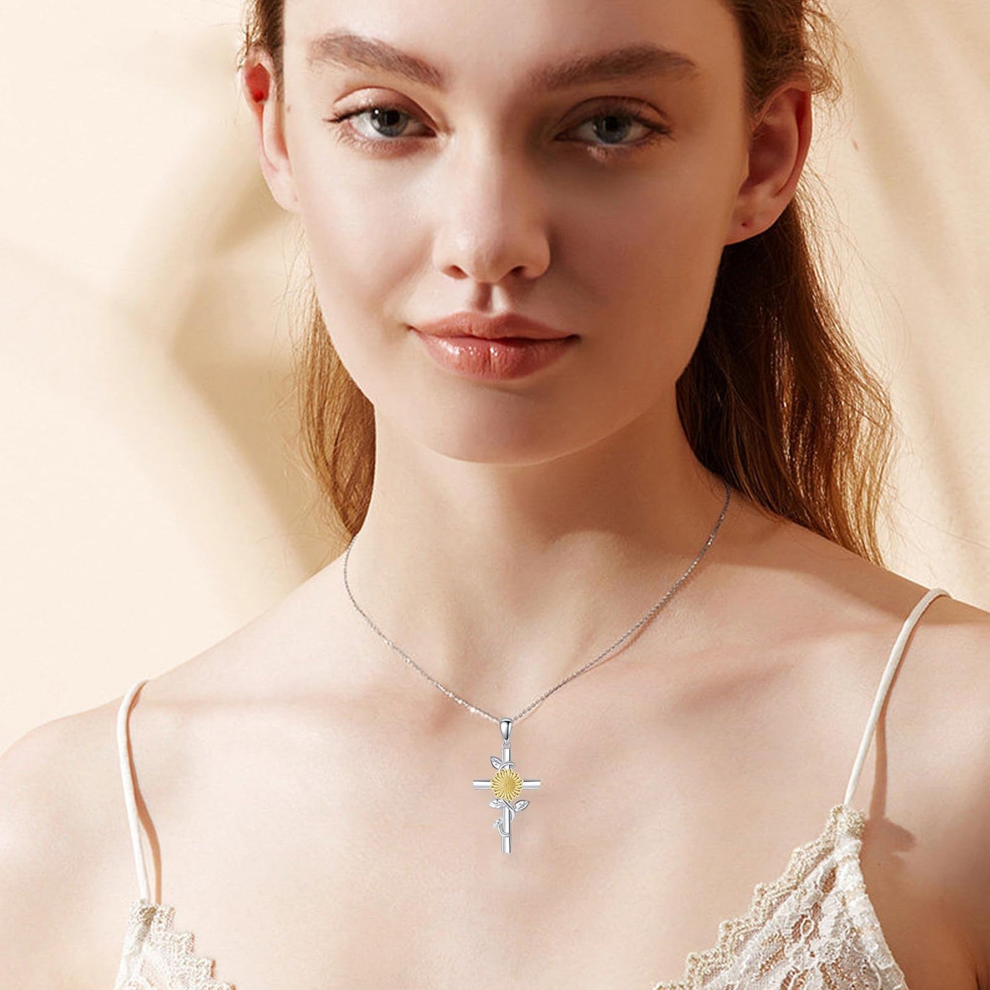 Sunflower Cross Necklace 925 Sterling Silver Cross Sunflower Pendant Necklace Birth Flower Jewelry for Women