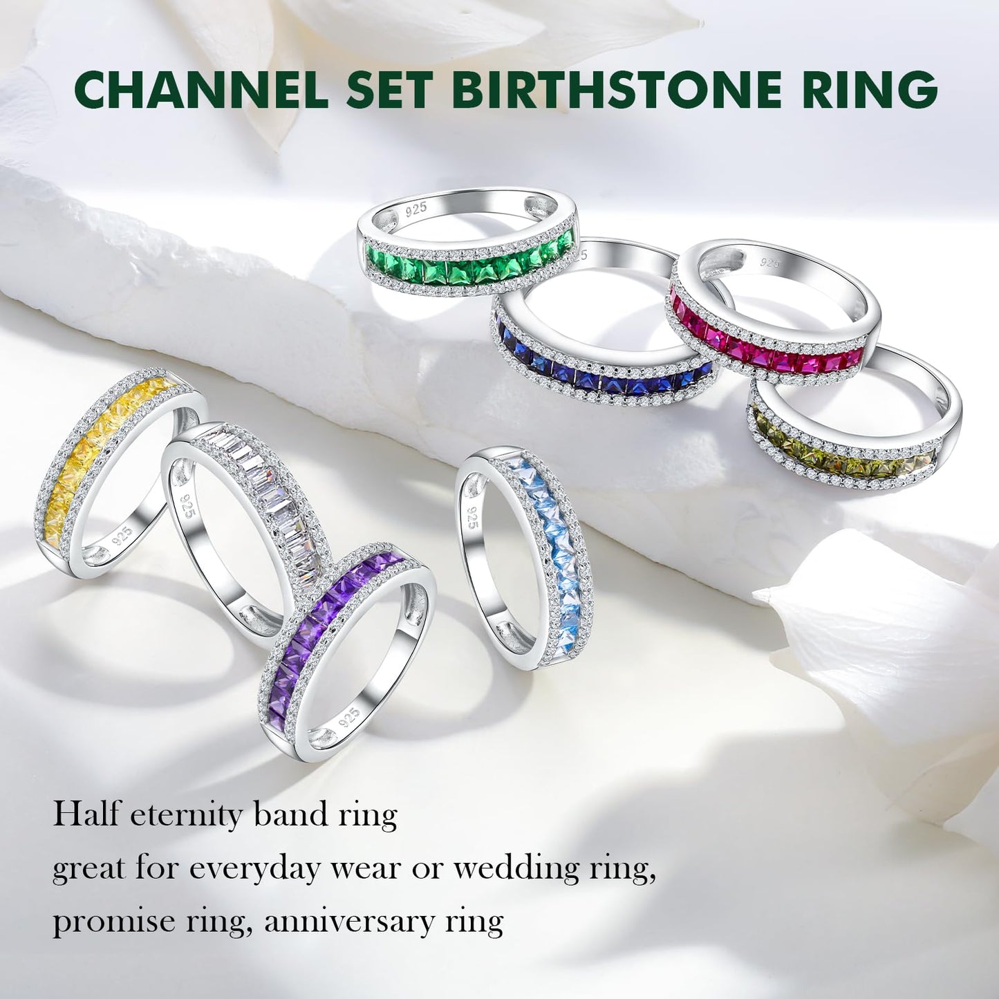 RANDES Peridot Band Rings for Women August Birthstone Ring 925 Sterling Silver Channel Set Princess Cut Anniversary Band Size 7