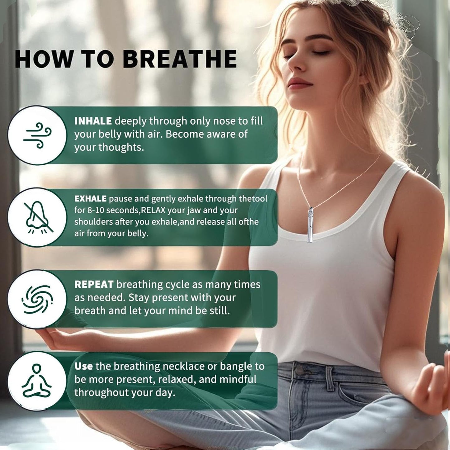 phaxud Stainless Steel Mindfulness Breathing Necklace for Anxiety Original Upgrades Quit Smoking Necklace with Essential Oil Diffuser Multifunctional Jewelry (C)