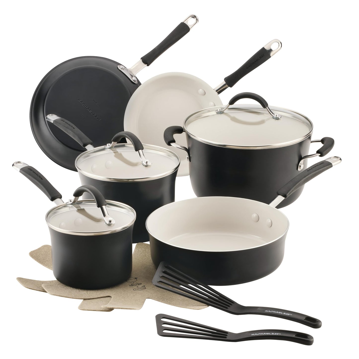 Rachael Ray Cucina Ceramic Cookware Set - 13 Pieces - Ceramic Pots and Pans Set w/Nonstick Frying Pans, Saute Pan, Saucepans, Stockpot, Lids, Pan Protectors & Cooking Utensils - Peppercorn