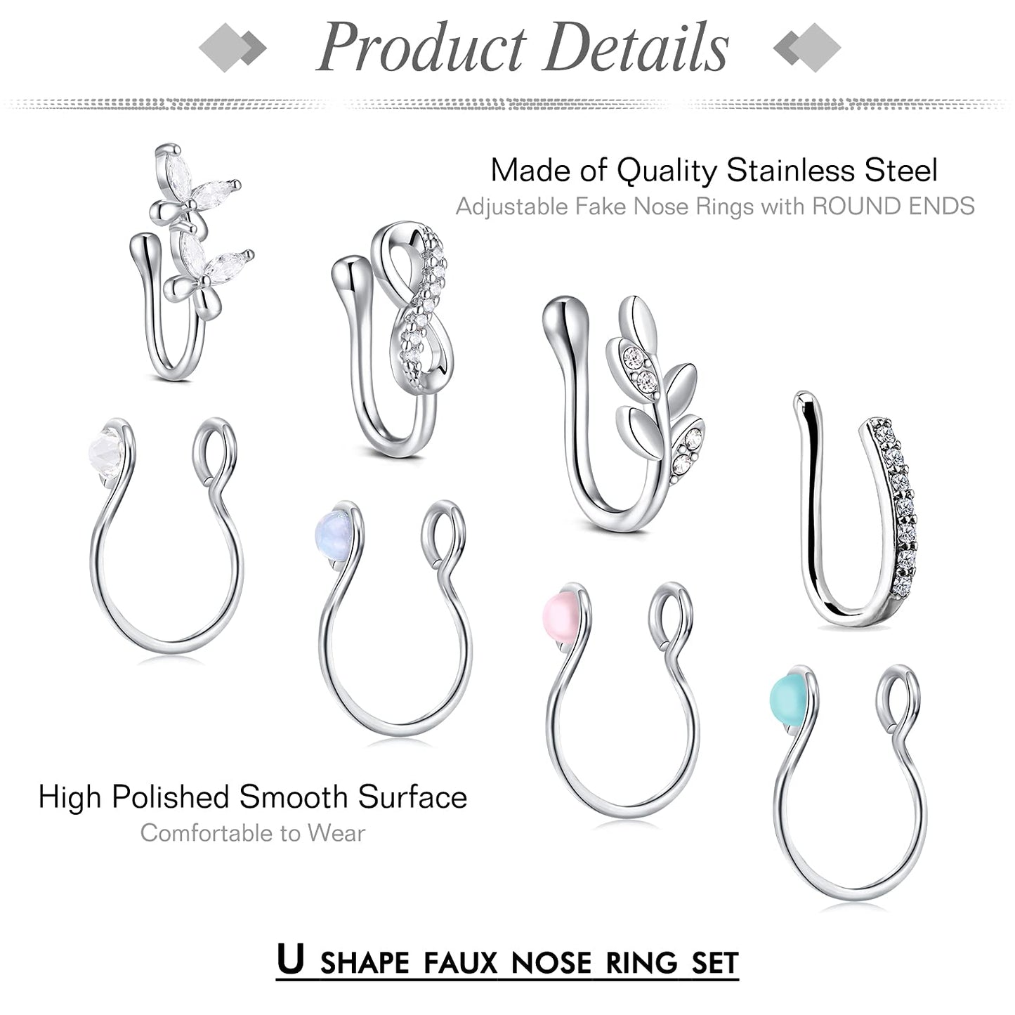 JFORYOU Nose Rings Fake 8Pcs Stainless Steel Inlaid CZ Faux Piercing Jewelry Fake Nose Ring Clip on Circle Hoop No Pierced Nose Ring Jewelry for Women Men