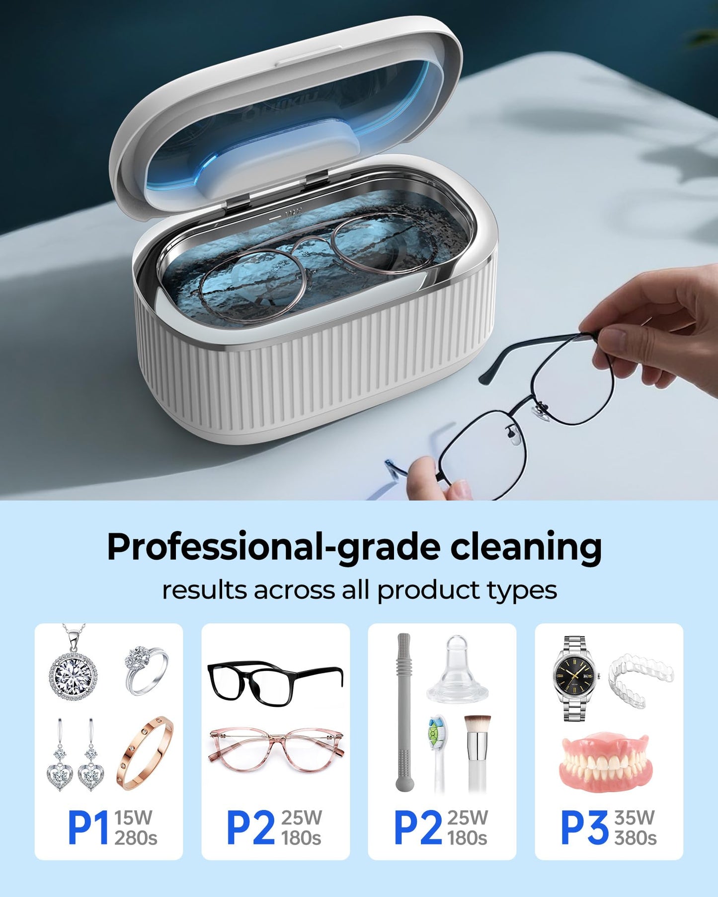 onlikin 35W Ultrasonic Jewelry Cleaner, 45KHz Retainer Cleaner for Jewelry, 5 Timer & 3 Power Modes, Eyeglasses, Rings, Watch Strap, Dentures - 20oz, 304 Stainless Steel Tank, Quiet <38dB (White)