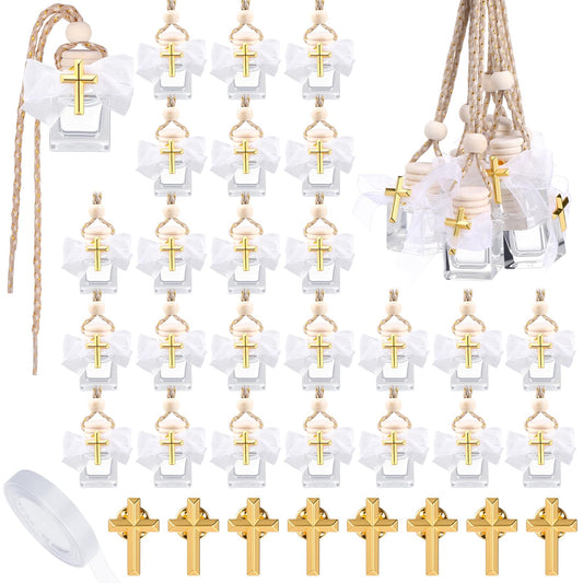 Afarnook 30 Set Holy Water Bottles Baptism Favors for Guest 8ml Mini Catholic Christian Holy Water Container with Cross Pin and Ribbon for Church Baptism Communion Christian Gift(White,Square)