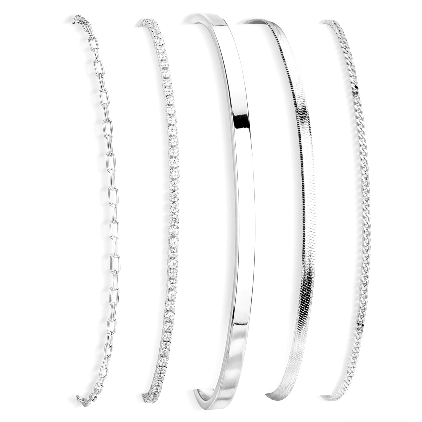 Silver Bracelets for Women 925 Silver Plated 5Pcs Dainty Bracelet Set - Waterproof Tarnish Free Stainless Steel Jewelry - Quiet Luxury Stackable Paperclip Herringbone Cuban Tennis Cuff Chain Gifts