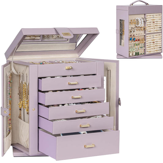 AKOZLIN 360° Rotating Jewelry Box 6-Tier Organizer Functional Jewelry Storage Case for Women Girls Ring Necklace Earring Bracelet Holder with Mirror Purple