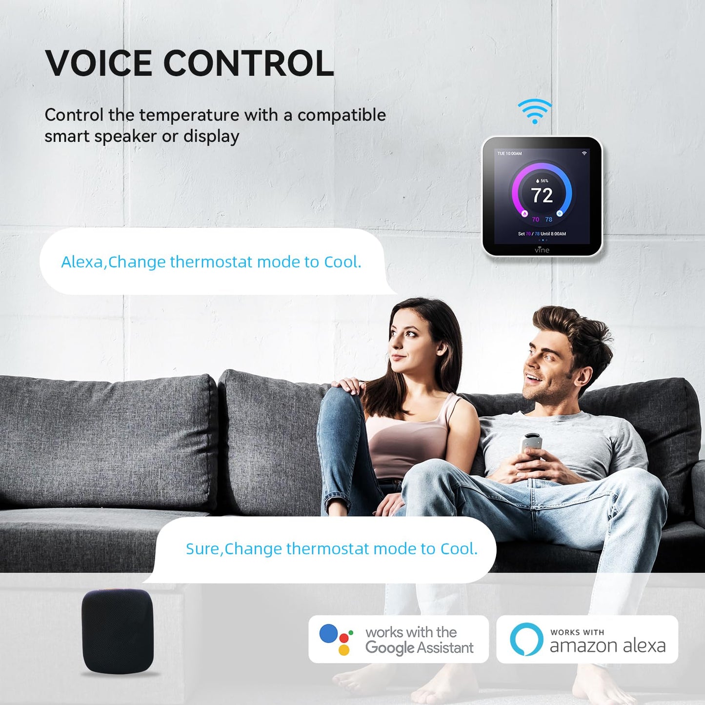 vine Programmable Thermostat for House with 4.0" Touch Screen, WiFi Smart Home Thermostat for AC and Heating, App/Voice Control, Valentine's Day Decorations, C-Wire Required, Grey