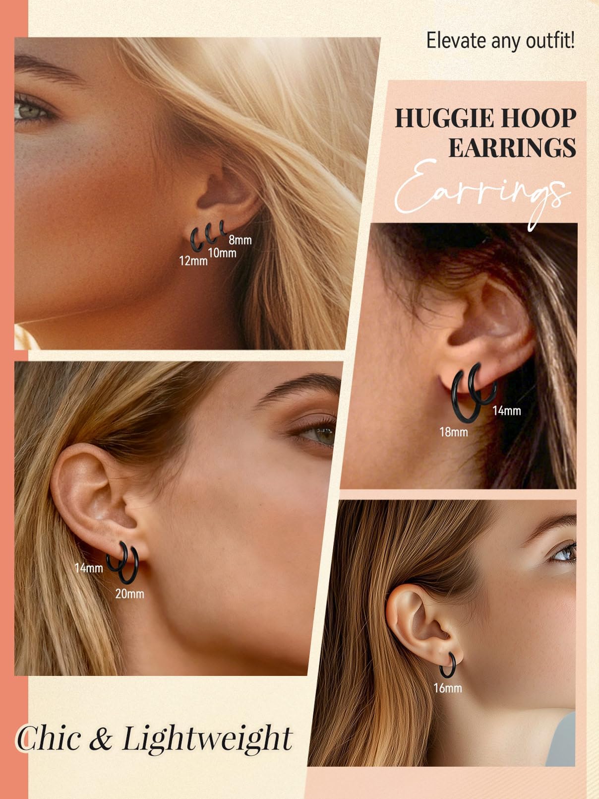 FaithHeart Hoop Earrings for Women, Black Hypoallergenic Huggie Hoop Earrings, Small Cartilage Earrings for Women 18mm, Send Gift Box