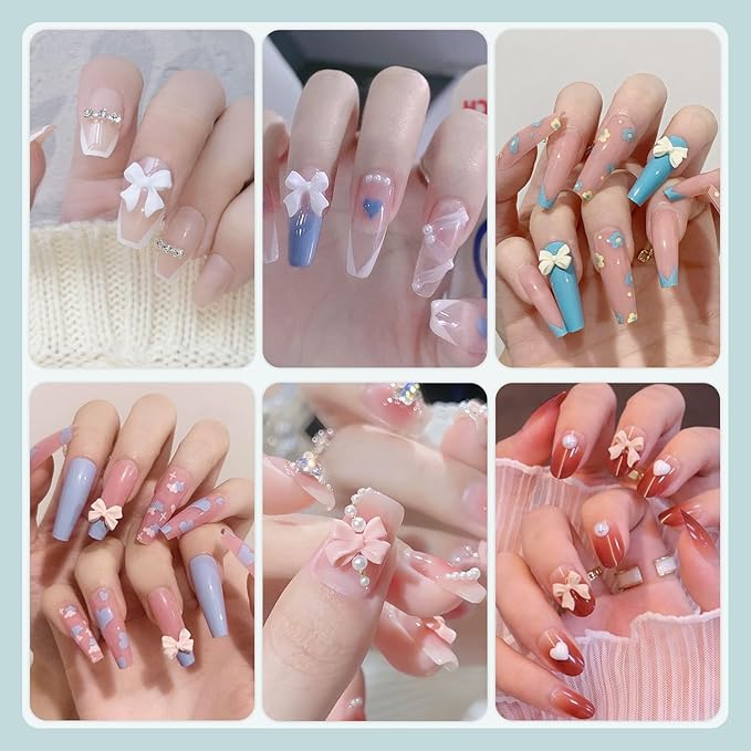 600 Pcs 3D Nail Charms and Flatback Pearls Set 5, 8 Colors Nail Bows Charm + Pink&White Star Heart Moon Cute Nail Jewels + 2-4mm White Nail Pearls for Nail Art DIY Decoration with Pickup Tools