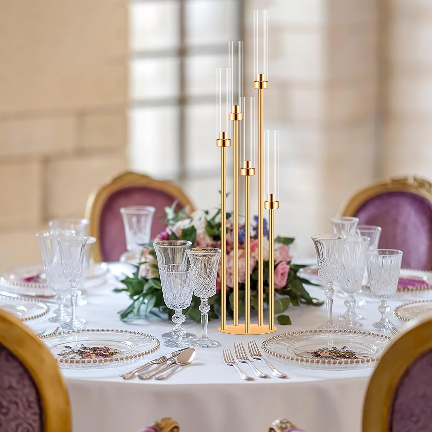 2 Sets Candelabra Centerpieces for Tables,42'' Tall 5 Arms Candlesticks Holder with Lampshade,Wedding Centerpieces,Gold Candle Holders for Wedding,Home Decoration Housewarming Gift,Fit LED Candles