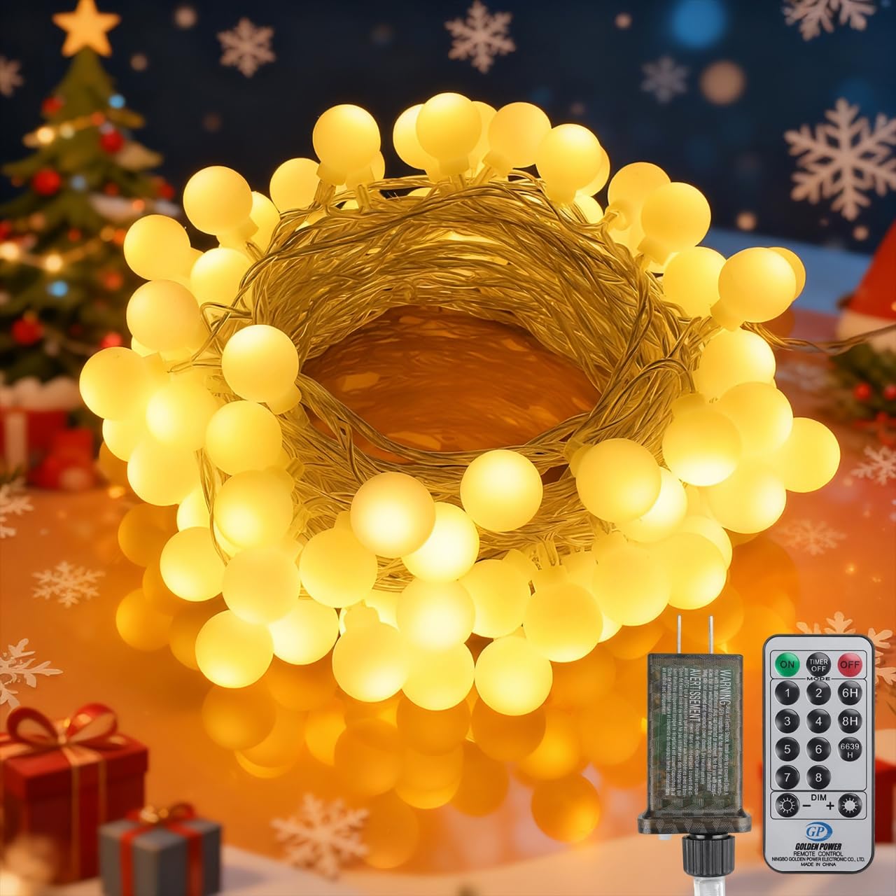 33FT 100LED Christmas Lights Indoor, Globe String Lights for Bedroom 8 Modes with Remote, Outdoor Hanging Fairy Lights for Room Wedding Garden Christmas Tree Party Decor, Warm White