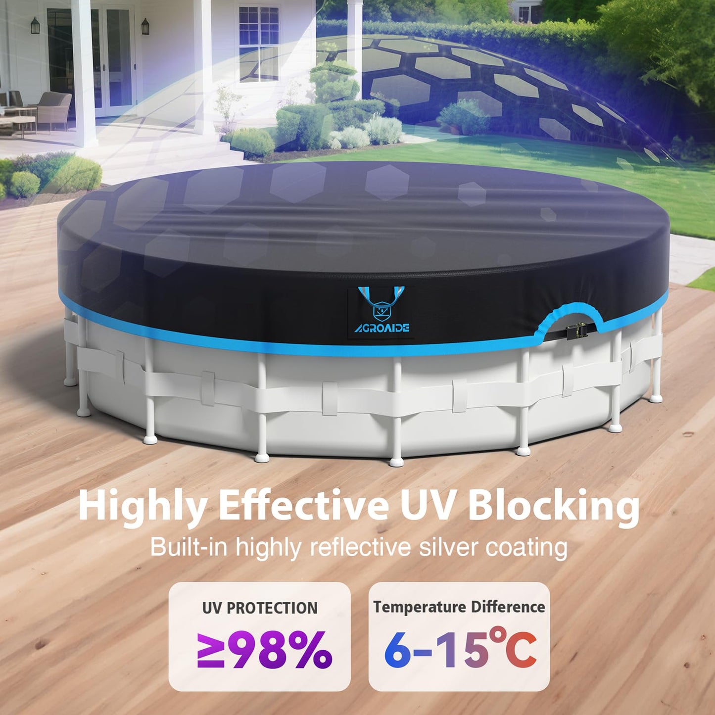 AGROAIDE 18ft Above Ground Pool Cover with Ratchet Tie Downs, 420D Oxford Fabric for All Season Use - Tear Resistant, UV & Dust Proof