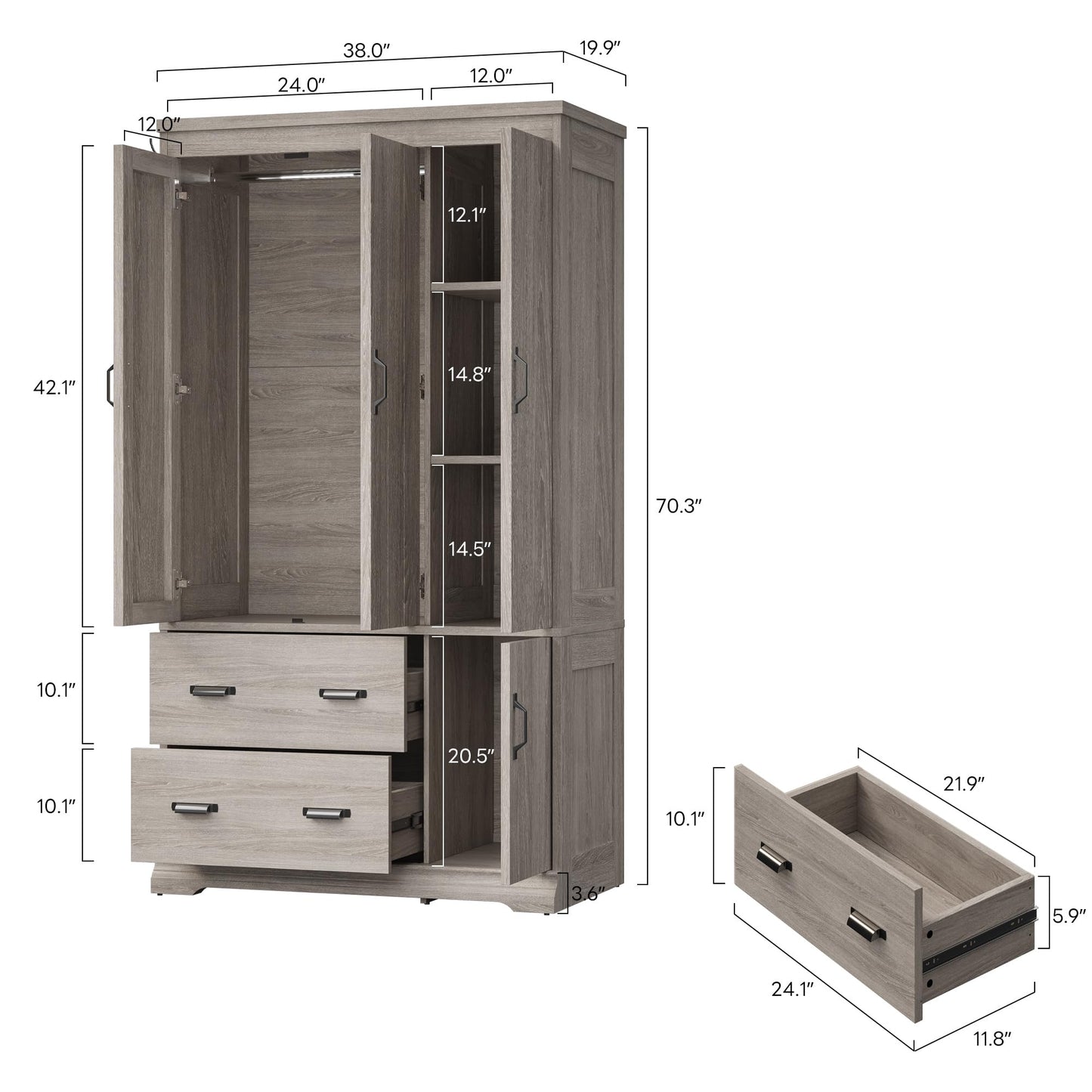 LIKIMIO Wardrobe Closet, 70" Tall 4 Doors Large Wooden Closet with 2 Drawers, 3 Shelves Bedroom Armoire with Hanging Rod, Freestanding Storage Cabinet for Hanging Clothes, Grey