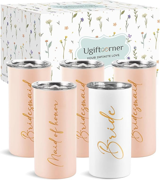 Bridesmaid Proposal Gifts Set of 5 Bachelorette Gifts for Bridesmaids Maid of Honor Cups Wedding Party Favors Stainless Steel Skinny Tumbler with Lid and Straw 15 OZ