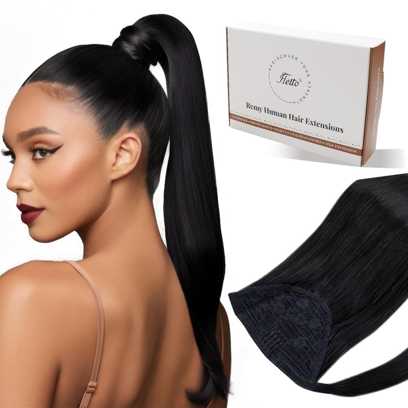 Hetto Ponytail Extension Human Hair Black 12Inch 70g
