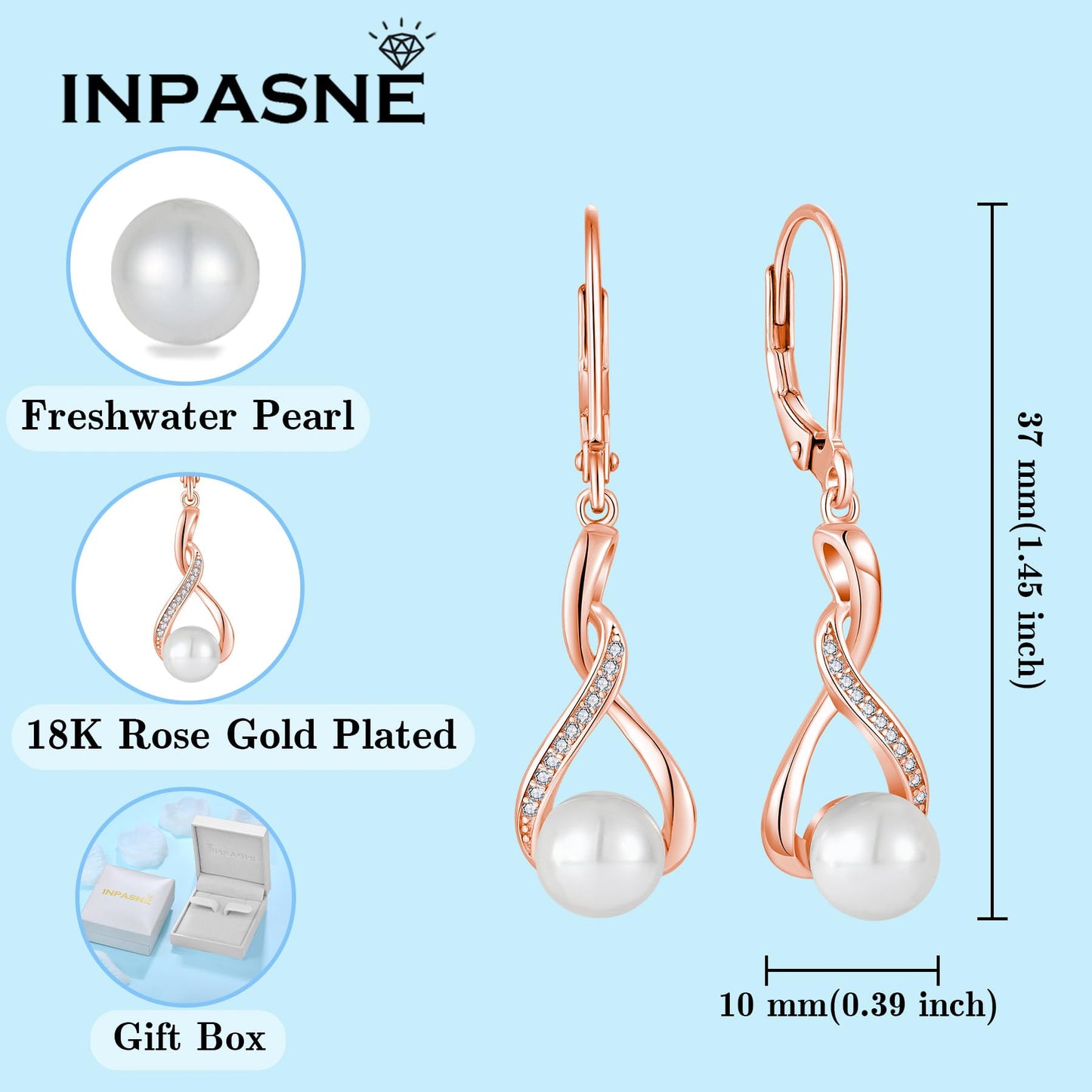 Inpasne 18K Rose Gold Plated Freshwater Pearl Necklace and Earrings Set for Women 925 Sterling Silver Pearl Jewelry for Bride Bridesmaid