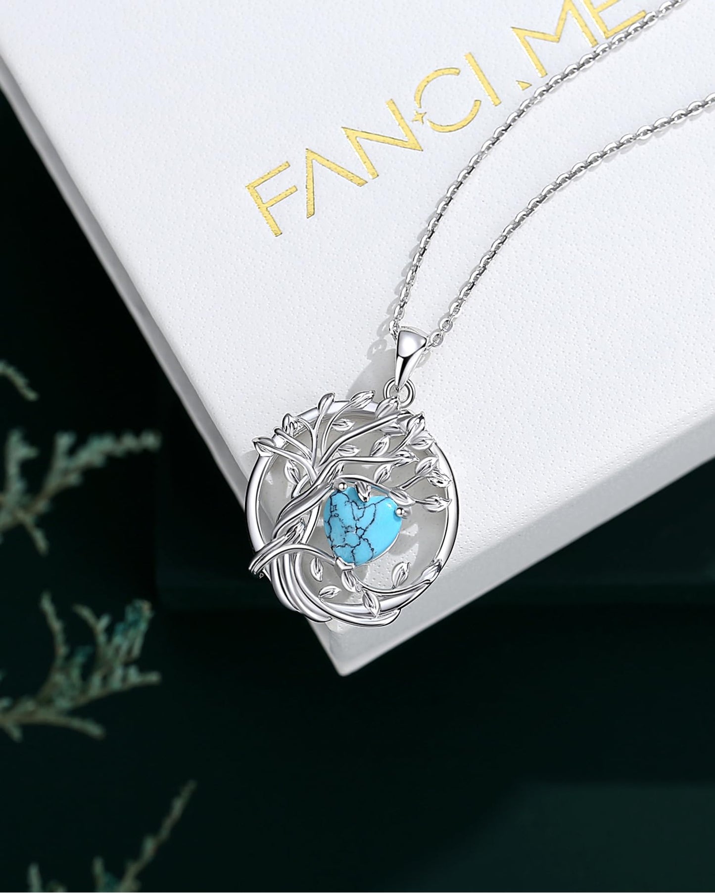 FANCIME Tree of life December Birthstone Necklace for Women Sterling Silver Tree Jewelry Created Turquoise Pendant November Gemstone Anniversary Birthday Christmas Gifts for Wife Mom Her