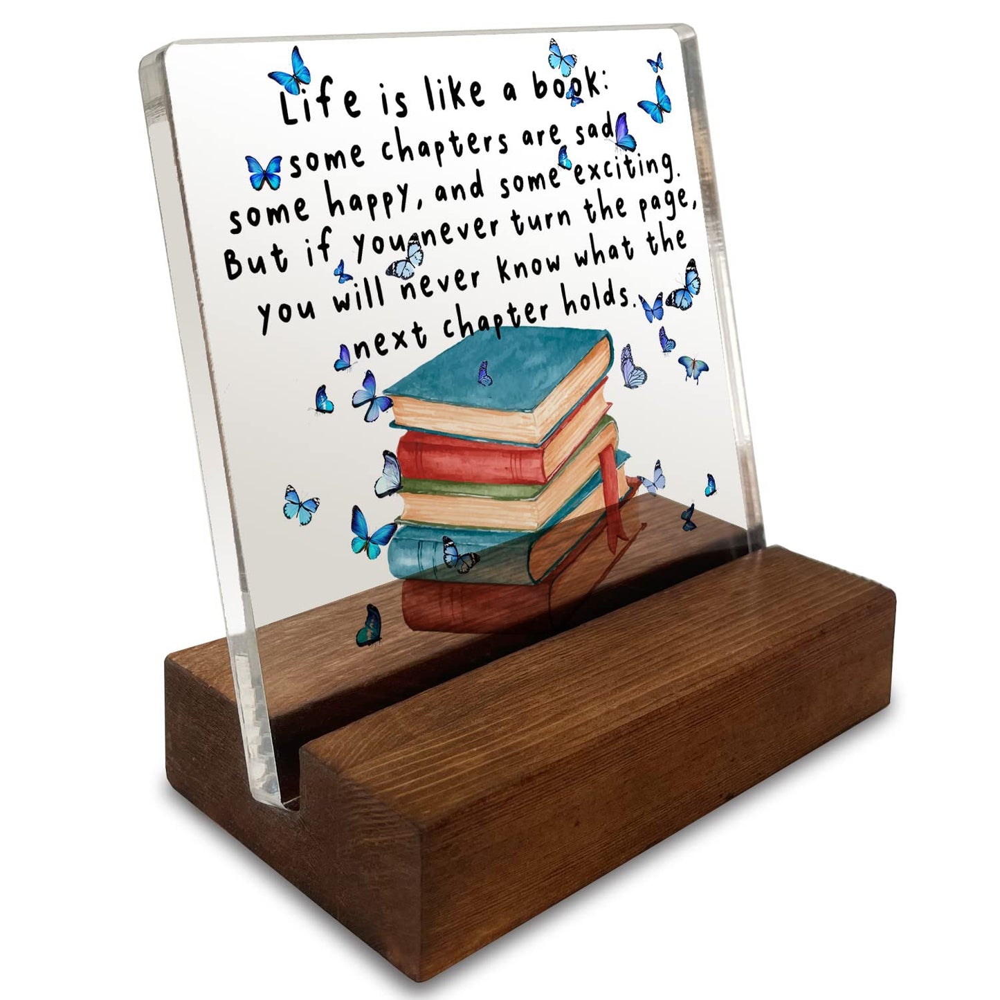 vizuzi Book Quote Home Office Desk Decor Sign Inspirational Book Lover Gift Butterfly Acrylic With Wooden Stand Sign for Book Lover Cowoker Sister Women Friends Gift