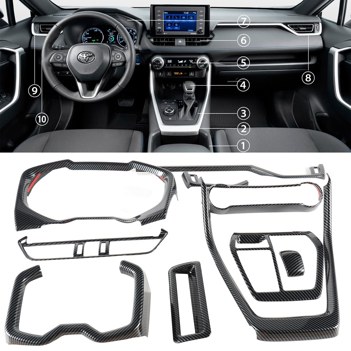 Tempsnow Interior Trim for Toyota RAV4 2019-2025 Carbon Fiber Gear Shift Panel Cover Kit