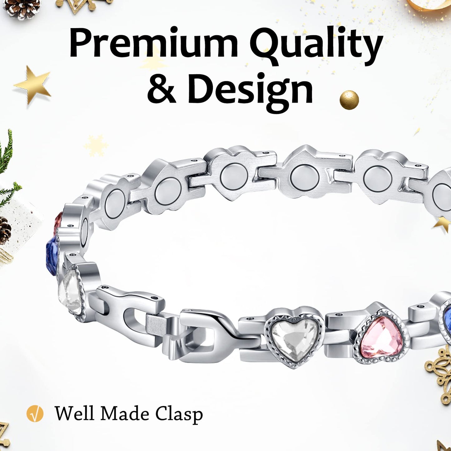 Feraco Magnetic Bracelets for Men Women Titanium Steel Double Row Strong Magnets Bracelet with Unique Blue Line, Adjustable Bracelet (Pack of 2)