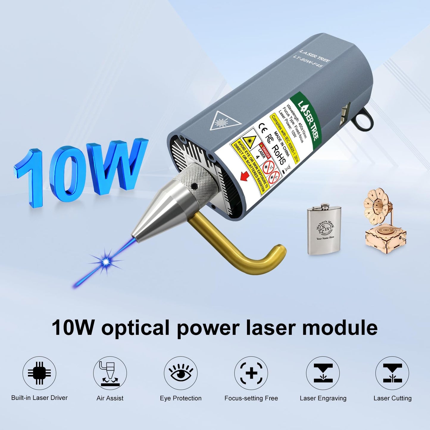 LASER TREE Laser Module, 10W(10000mW) Optical Power Output Laser Engraving Module with Air Assist, Built-in FAC, Double Ultra-Fine Compressed Spot Laser Head for 3018/3018 Pro CNC Machine Class 4, 12V