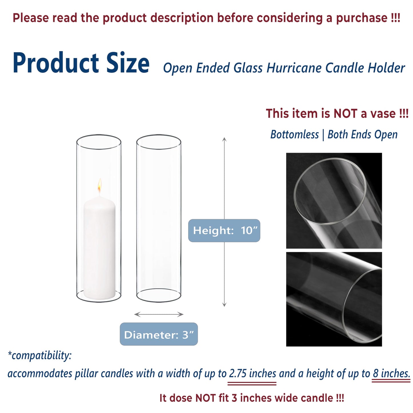 CYS EXCEL 6 PCS (H:10" D:3"") Open Ended Glass Hurricane Candleholder Tube Shade Bottomless Candle Chimney Cover"