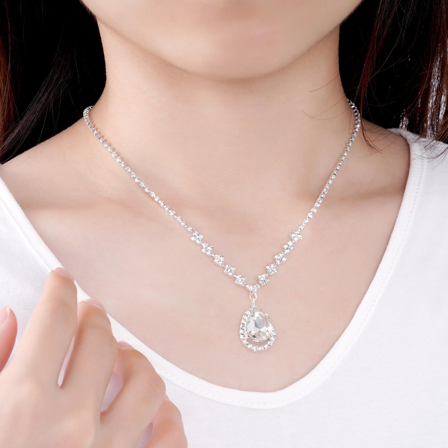 Jmkcoz Women Jewelry Set Silver Necklace Earrings Bracelet Rhinestone Crystal Bridal Wedding Jewelry Sets for Brides Bridesmaid Wedding Party (Style 3)