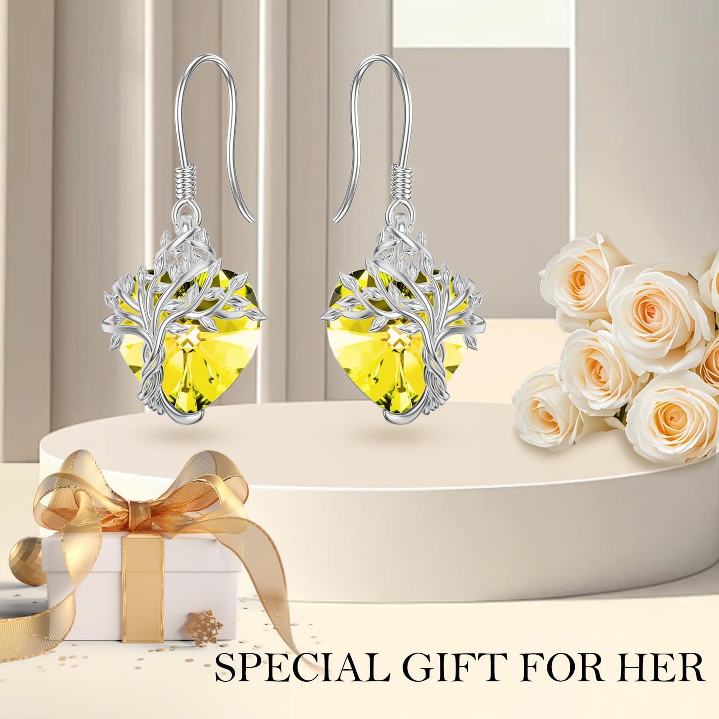 TOUPOP Heart Citrine Earrings Sterling Silver Tree of Life Earrings November Birthstone Jewelry Birthday Mothers Day Gifts for Women Mom Her