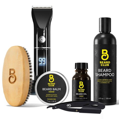 The Beard Club Grooming Bundle: Trimmer for Men & Care Kit - Includes Cordless Electric Trimmer, Straight Edge Razor, Shampoo, Cedar Balm & Oil, Brush - 8 Guides, 45 Lengths