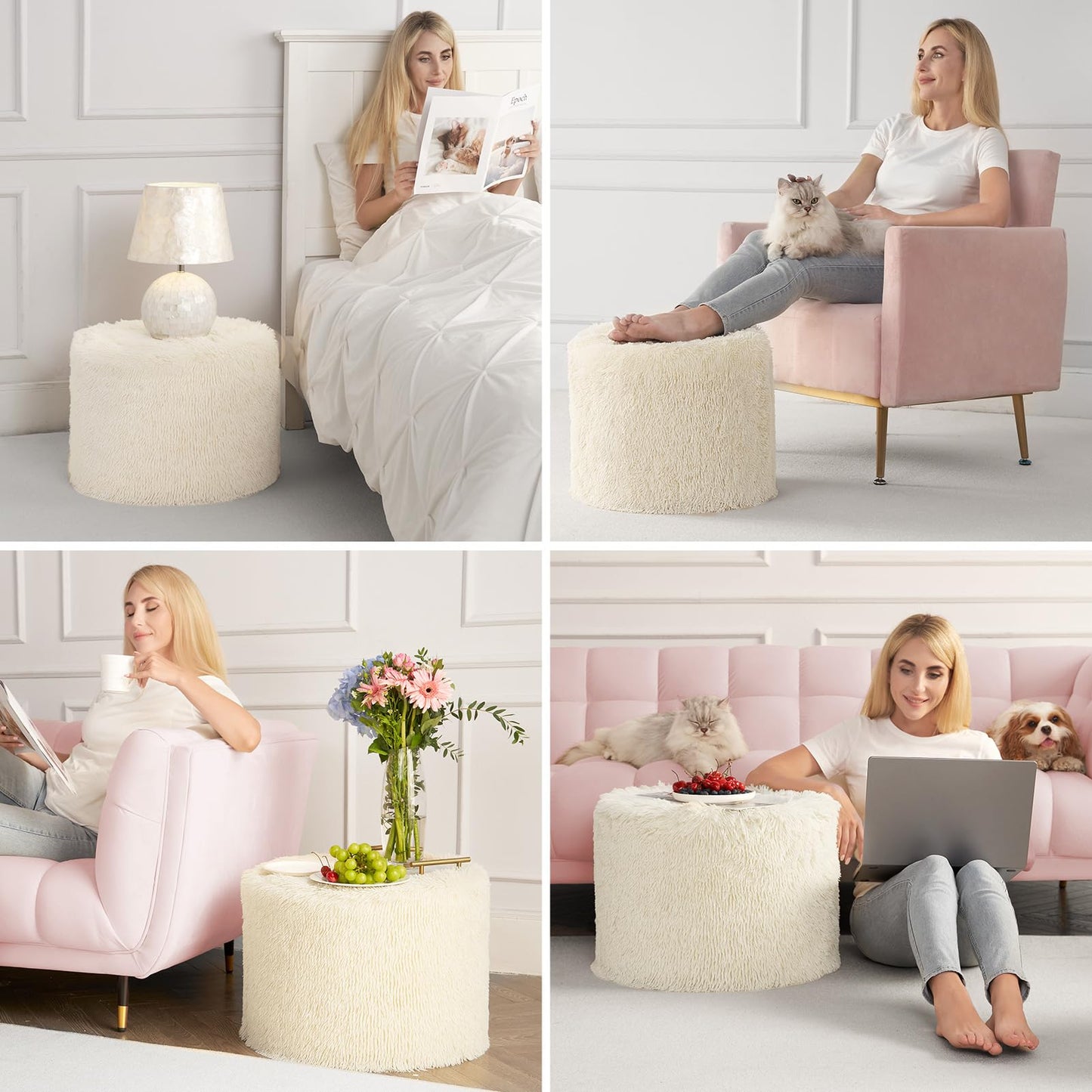 Hansleep Round Stuffed Pouf Ottoman 20 x 15, Foam Filled Faux Fur Ottoman Foot Rest for Chair with Washable Cover, Foot Stools Under Desk for Living Room & Bedroom, Beige