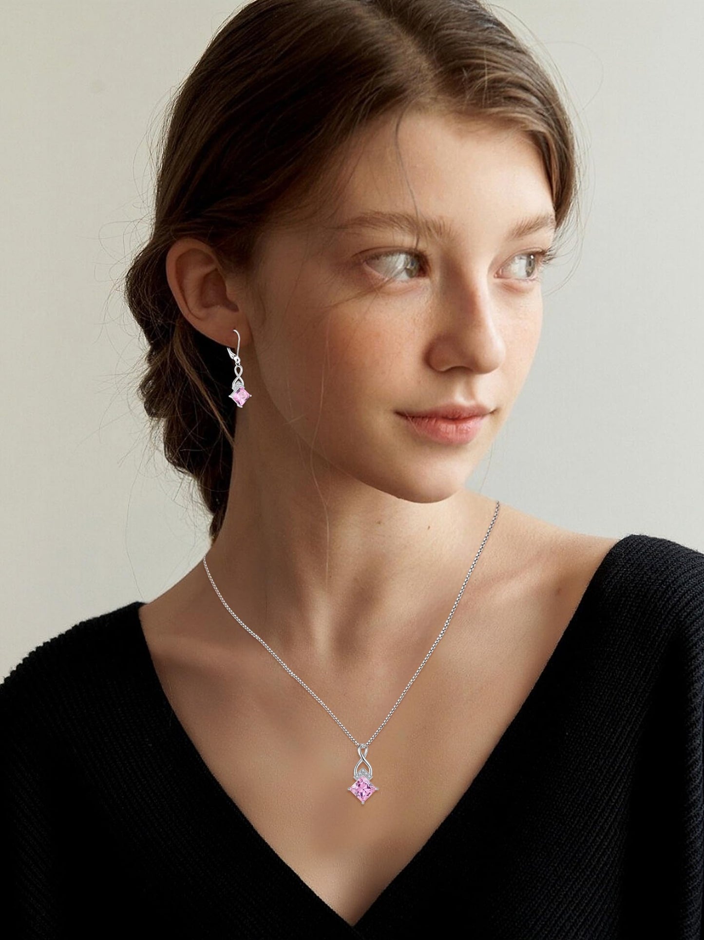 Rocayi Pink Tourmaline Jewelry Set 925 Sterling Silver Infinity Princess Cut Necklace and Earrings Set October Birthstone Jewelry for Women