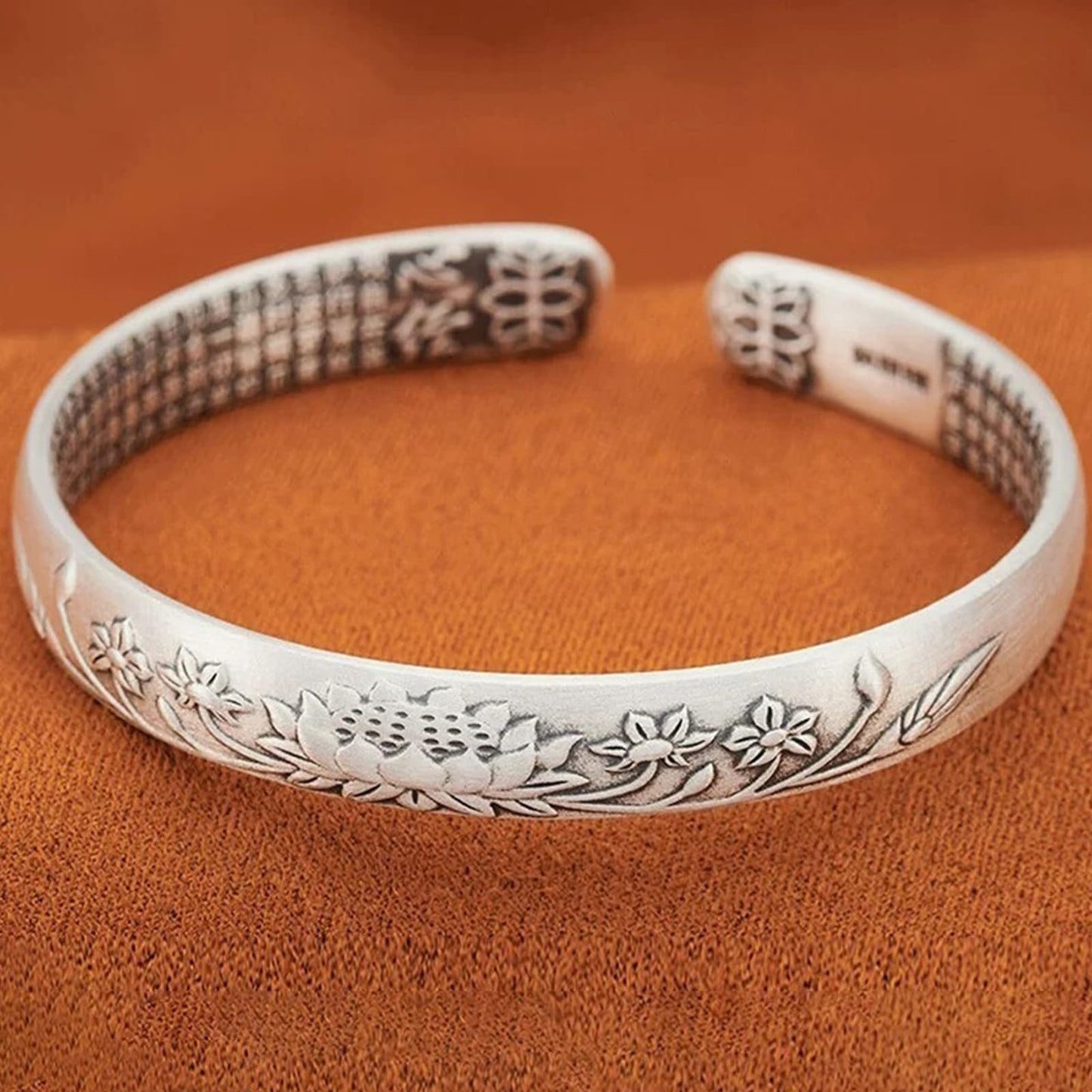 Feng Shui Lotus Heart Sutra Bracelet - Adjustable Vintage Silver Bracelet for Women Men, Tibetan Buddhist Mantra Lucky Amulet, Wealth Luck Protection Meditation Gifts (A)