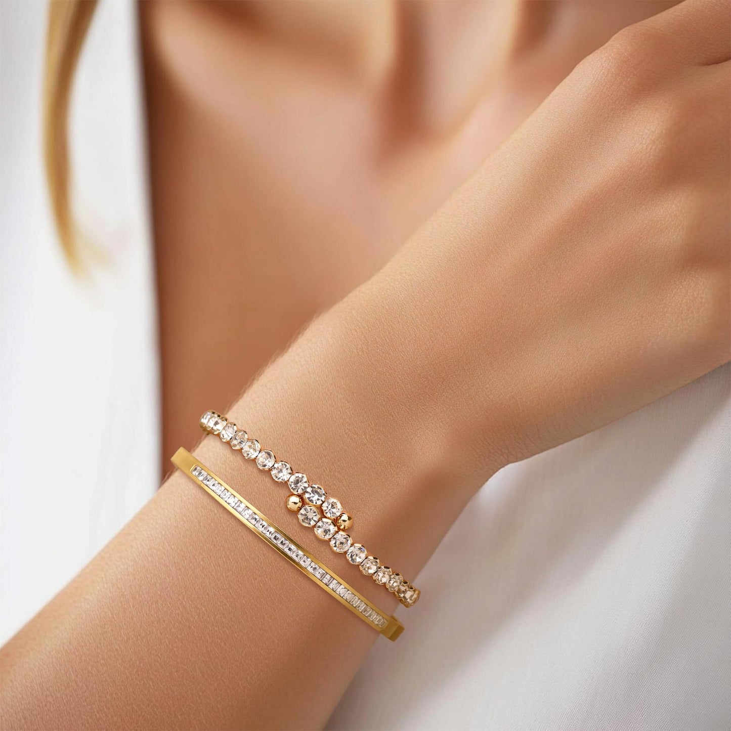 Agriajun Dainty Cubic Zirconia Gold Bangles Bracelets Set for Women, 2PCS Trendy Minimalist Statement Ruby Classic Tennis Bracelet Everyday Wedding Fashion Jewelry Christmas Gift.