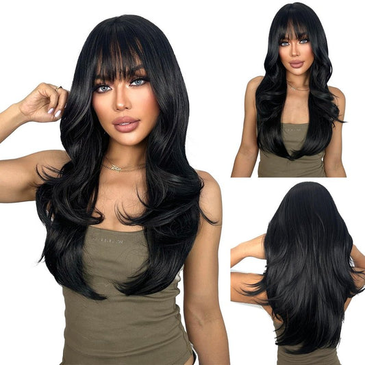 SUKRI Black Layered Wig with Bangs for Women 26 Inch Long Wavy Synthetic Wigs Heat Resistant Hair for Daily Party Cosplay Use(Black)