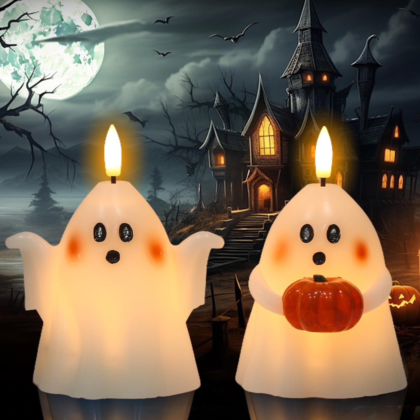 Eldnacele Spooky Ghost Halloween Flameless Candles with Timer Set of 2 Battery Operated LED Pillar Candles Ghost Light Real Wax 3D Wick Flickering Long Lasting Home Indoor Decor(3.5" D x5 H)"