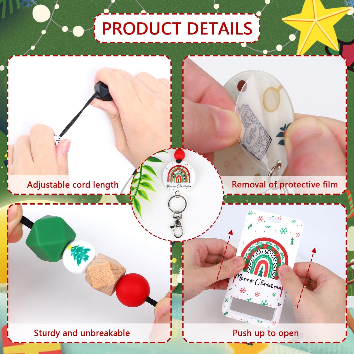 Christmas Lanyards for ID Badges - Cute Boho Beaded Breakaway Keychain Accessories, Teacher Lanyards with ID Badges Holder for Women Teacher Nurse Christmas Gifts