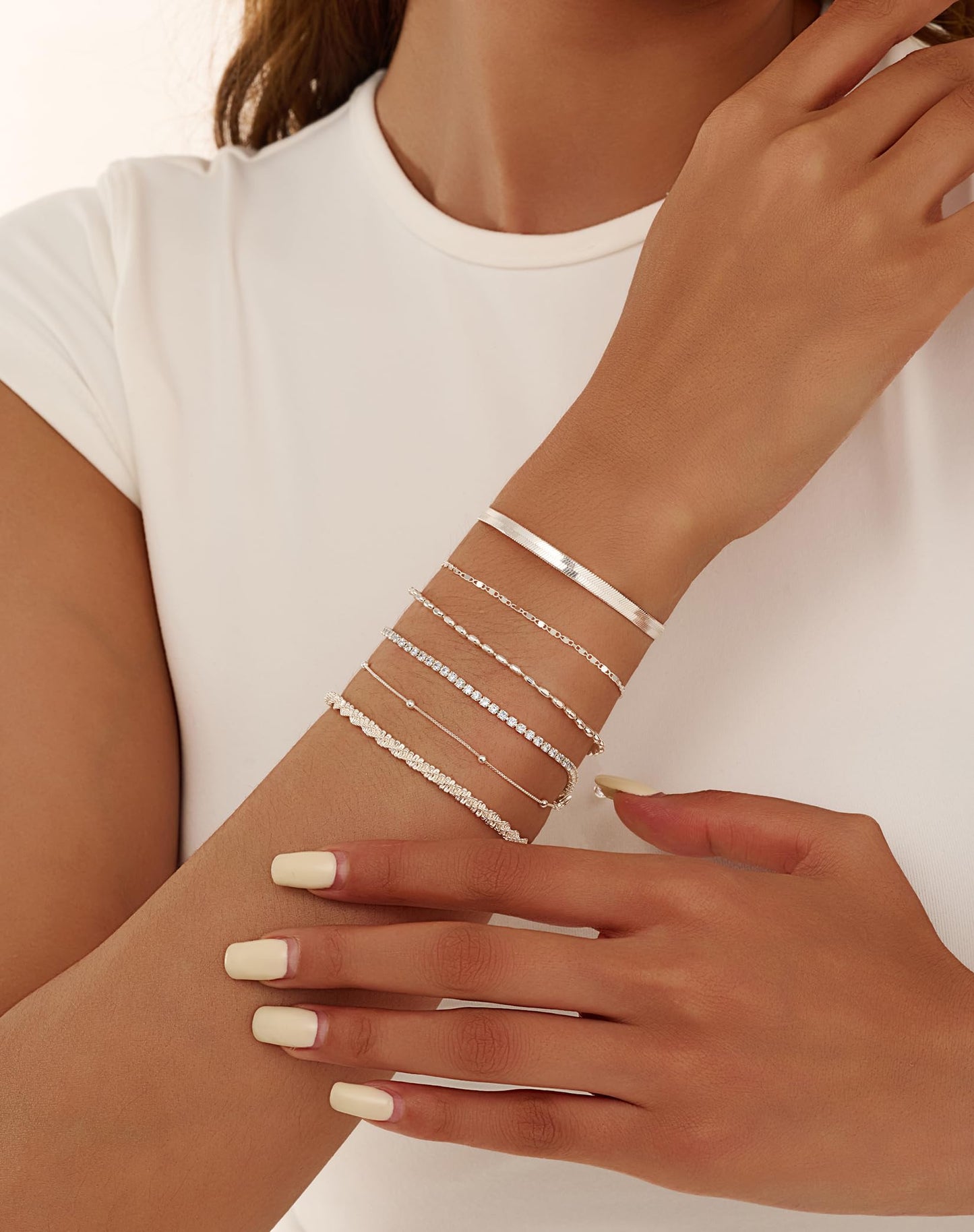 Gold Bracelets for Women 14K Gold Plated Stack Trend Bracelets Charm Paperclip Chain Cuban Link Layered Waterproof Bracelet Dainty Bracelet for Women Jewelry Gifts (Silver 6Pcs)
