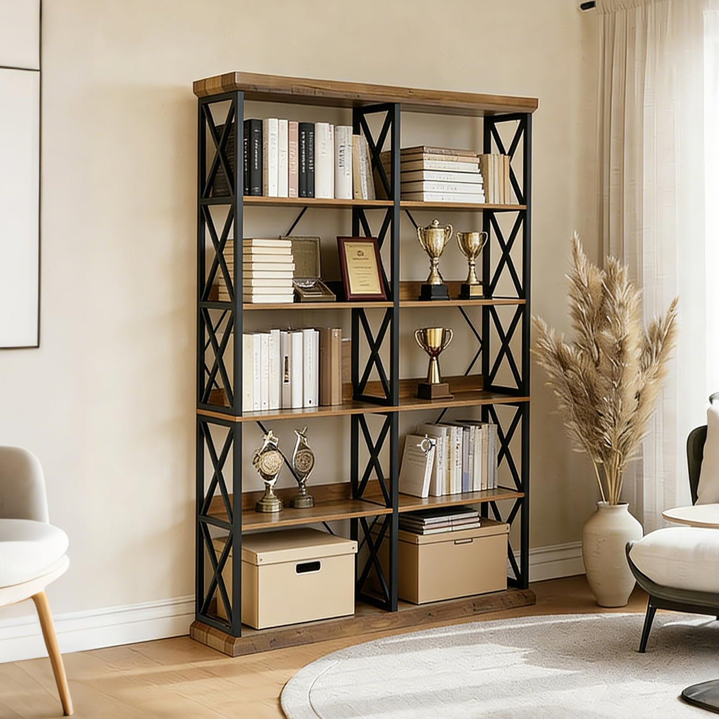 LITTLE TREE Industrial Bookshelf, 6-Tier 47" Wide Bookcase, 75" Tall Standing Shelf Units with 12 Wooden Shelves, Large Open Metal Display Organizer for Office, Living Room, Bedroom, Rustic Brown