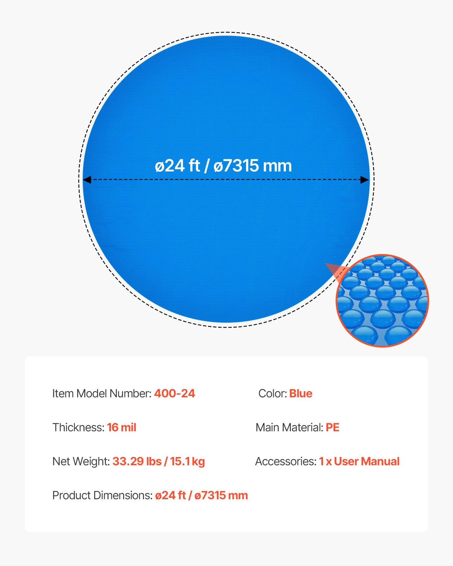 VEVOR Solar Pool Cover, 24 ft Round Pool Bubble Cover, 16 Mil Pools Solar Blanket with Bubble & PE Material, Daytime Heat Absorption, Nighttime Heat Retention, Heat Retaining Solars Covers, Blue