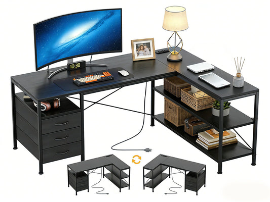 Alpen Computer Desk with Drawers, L Shaped Desk for Bedroom with Power Outlets, Gaming Table with 3 Drawers and Shelves, Corner Desk for Gaming, Study Writing PC Table, 47 Inch, Black