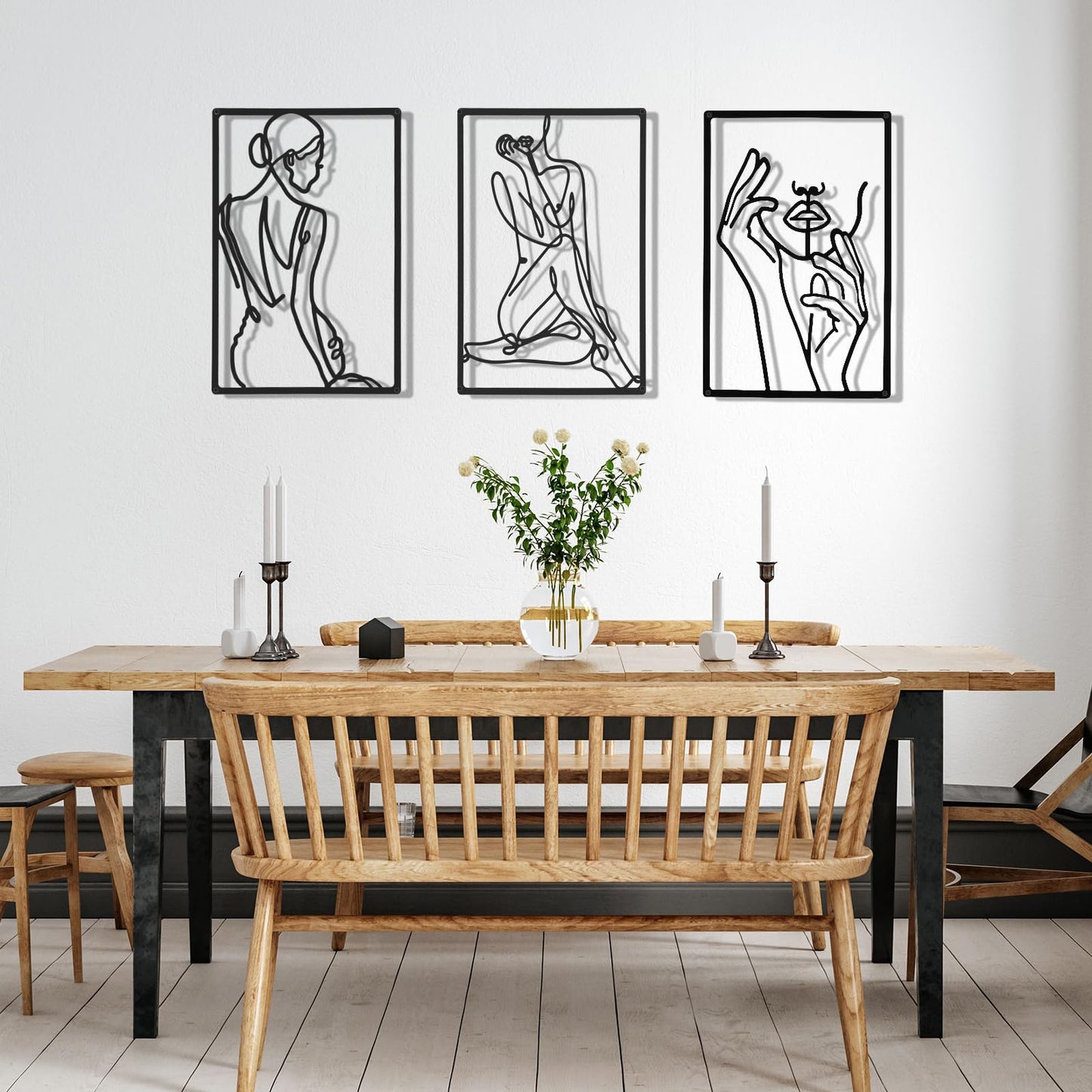 Cindeer 3 Pieces Metal Wall Art Decor 18 Inch Minimalist Modern Abstract Line Home Decor Woman's Body Shape Single Line Wall Art for Kitchen Bedroom Living Room