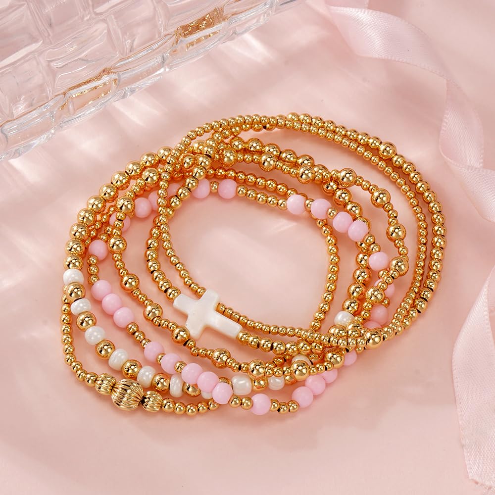 SHINUS BOHO Cross Gold Beaded Bracelet Stack for Women,Bohemian Stretch White Pink Beads Stackable Bracelets Set Fashion Prom Party Accessories Jewelry Gift Friendship