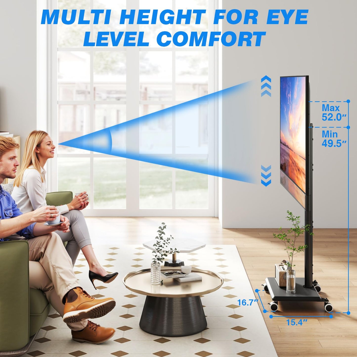 Rfiver Rolling TV Stand for 32 to 55 60 Inch TVs up to 88lbs, Height Adjustable Mobile TV Stand with Wood Base, Space-Saving Design Tall TV Cart Floor Stands for Living Room, Bedroom, Corner