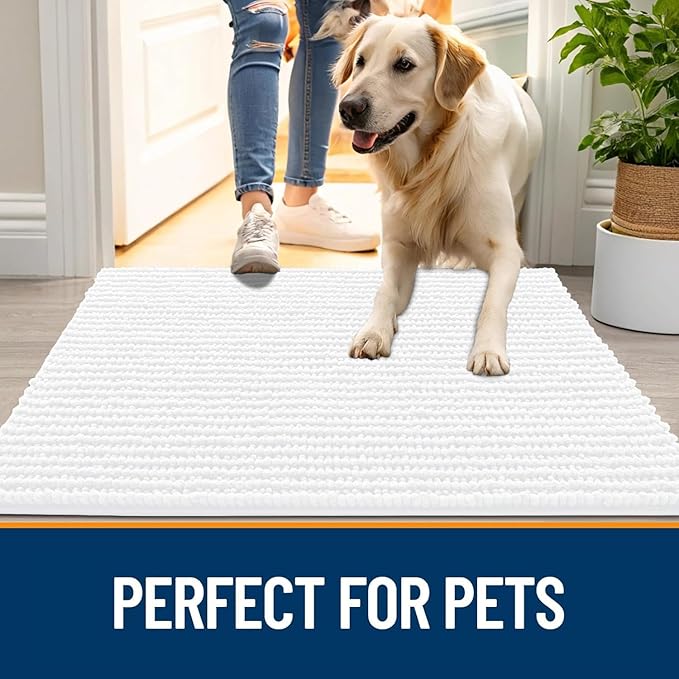 OLANLY Dog Door Mat for Muddy Paws 34x21, Ultra Absorbent Chenille Mud Doormat, Non-Slip Washable and Dirt Trapping Doormat for Indoor Entryway, Quick-Dry Indoor Pet Bed Mats for Dogs, White