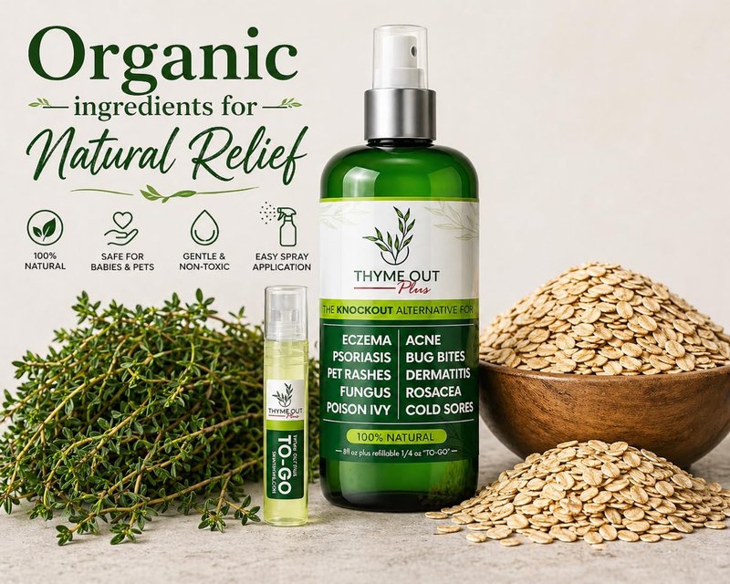 Thyme Out Plus Natural Skin Relief Spray for Eczema, Acne, Bug Bites & Irritated Skin – Safe for Babies, Kids & Pets – Gentle Non-Toxic Face & Body Mist with Organic Thyme + Oat Support
