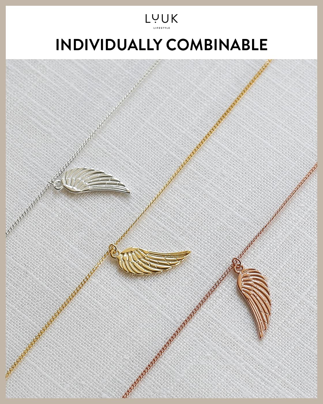 LUUK LIFESTYLE Necklace with angel wings pendant and HAPPINESS gift card, 925 sterling silver, fashion jewelry for everyday life, beach, water resistant, trendy boho design, 19” chain length, gold