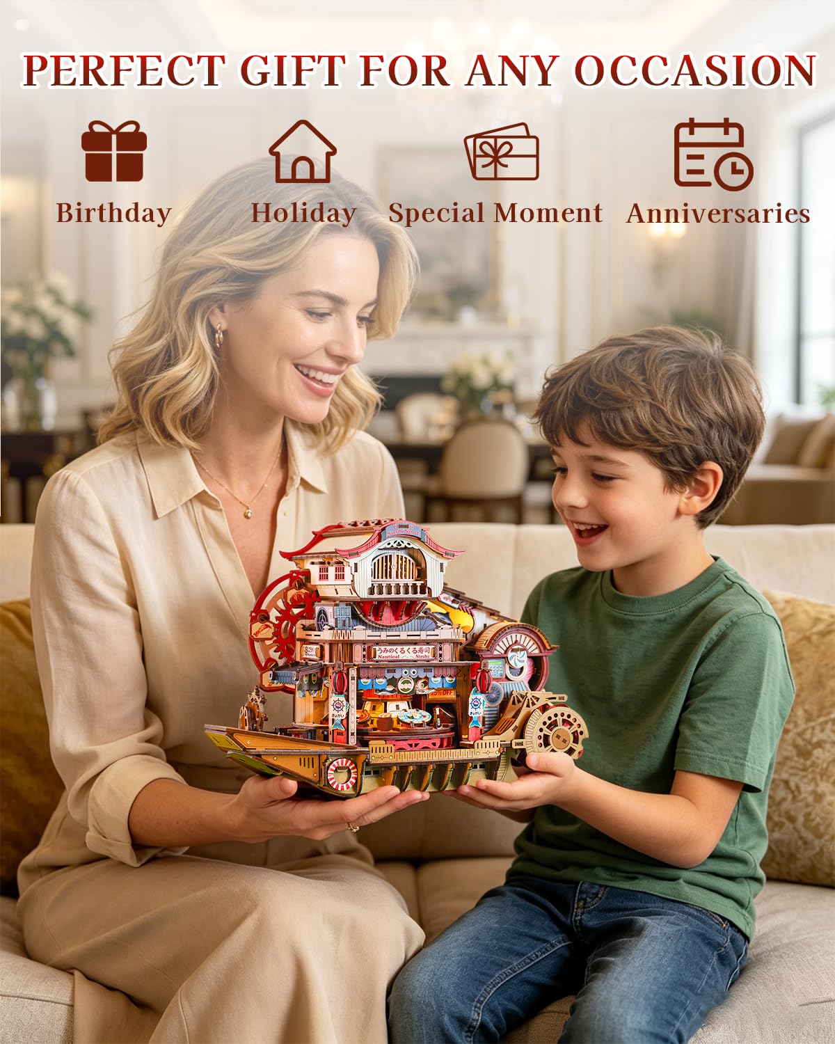 Nautical Sushi 3D Puzzles for Adults, 425PCS Wooden Mechanical Model Building Kit with Music and Lights, Miniature House Kit, Unique Home Decor Craft Gifts for Christmas Birthday